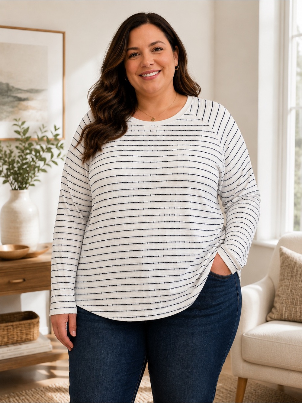 Karen Scott White and Navy Stripe Long-Sleeve Crewneck Top